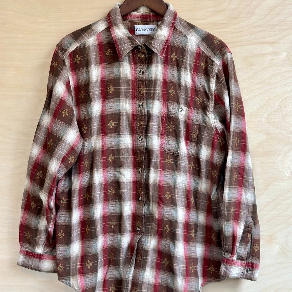 Cabin Creek Cozy Plaid Long Sleeve Button Down Shirt 100% Cotton Women's Size